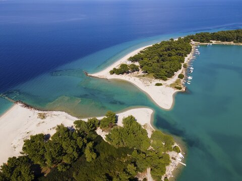 Aerial view, lagoon, beach and harbour, Glarokavos, Pallini, Kassandra Peninsula, Chalkidiki, Greece