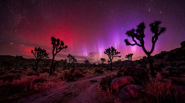 Aurora Borealis spectacle in a desert at night, illuminating ancient trees and arid terrain with a vibrant, ethereal glow of red and purple