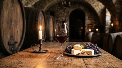 Fototapeta premium Red Wine Glass with Cheese Grapes and Walnuts on Rustic Table in Dark Stone Wine Cellar with Barrels; Elegant Candlelit Atmosphere for Gourmet Tasting and Viticulture Concept.