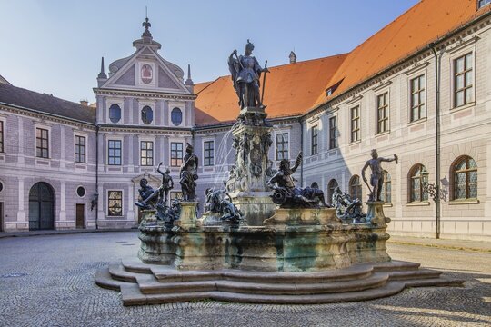 Fountain in the fountain courtyard of the Munich Residenz. Munich, Upper Bavaria, Bavaria, Germany