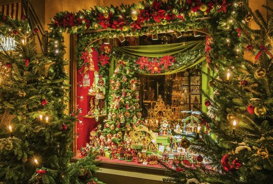 Shop with Christmas decorations in the Herrngasse, Rothenburg ob der Tauber, Old Town, Tauber Valley, Romantic Road, Middle Franconia, Franconia, Bavaria, Germany