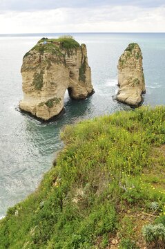 Pigeons Rock, Grotte aux Pigeons, limestone rocks eroded by wind and weather in the Raouche district, Beirut, Lebanon, Middle East, Asia