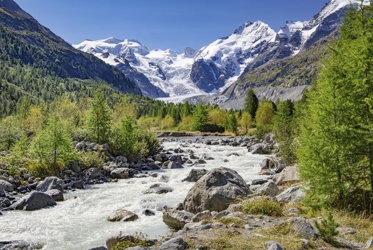 Glacier stream in the Morteratsch Valley with Bellavista, Piz Bernina and Morteratsch Glacier, Pontresina, Bernina Alps, Upper Engadine, Engadine, Grisons, Switzerland
