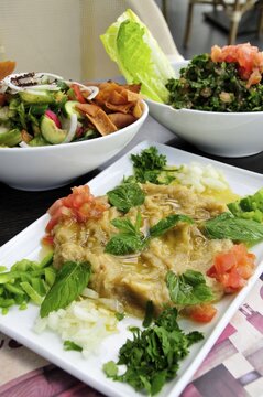 Baba Ganoush, eggplant or aubergine cream, Fattush, bread salad and tabouleh, parsley salad, Arabic mezze, appetizers in a Beirut restaurant, Beirut, Lebanon, Middle East, Asia