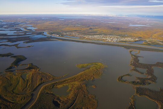 Aerial view of Inuvik on the banks of the Mackenzie River Delta, Northern Territories, Canada