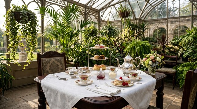 Elegant English afternoon tea service with scones, pastries, and silver teapot in a lush botanical sunroom conservatory greenhouse with soft natural lighting and garden view.