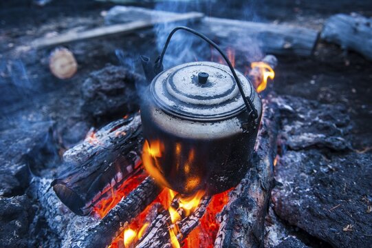 Boiling water pot over an open fire, Kamchatka, Russia