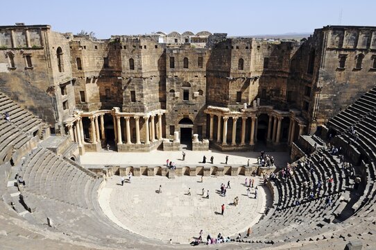 Auditorium, Roman theater with black basalt stones in Bosra, Syria, Asia