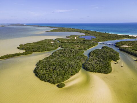 Aerial of the Unesco world heritage site biosphere reserve Sian Ka'an Biosphere Reserve, Quintana Roo, Mexico