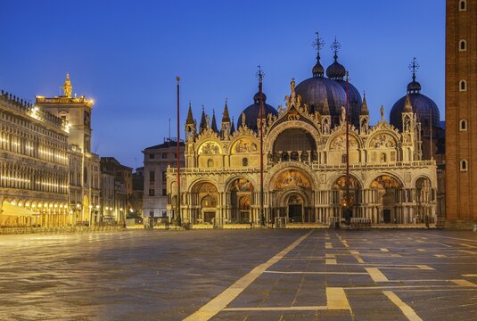 St. Mark's Square with clock tower and St. Mark's Basilica at dusk, Venice, Veneto, Adriatic Sea, Northern Italy, Italy