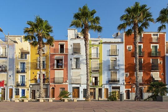 Colorful beachfront houses, Cases de Colors, Carrer Arsenal, Villajoyosa, Spain