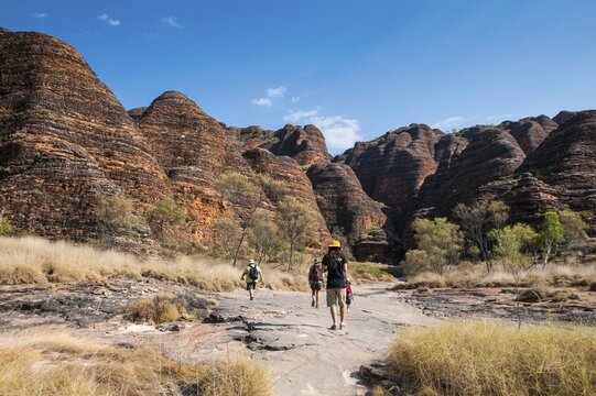 Hikers in front of the Bungle Bungles, beehive-shaped sandstone towers, Purnululu National Park, UNESCO World Heritage Site, Eastern Kimberleys, Western Australia