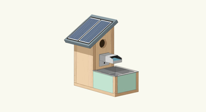Modern solar powered wooden birdhouse with green accents.