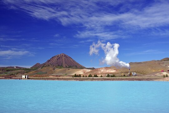 Geothermal power plant, lake and desert-like landscape, Myvatn, Iceland