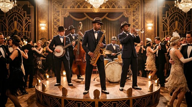 Jazz band performing on stage in art deco 1920s ballroom, people dancing in vintage flapper attire, roaring twenties luxury party scene with cinematic warm lighting and elegance.