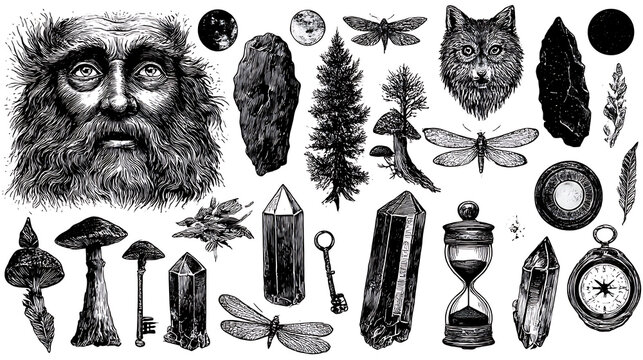 Collection of vintage mystical engravings featuring moon, crystals, mushrooms, wolf and alchemical symbols isolated on white background