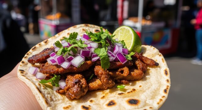 Delicious street taco, packed with savory seasoned meat, fresh cilantro, red onions, and a lime wedge, held in hand. A vibrant, authentic outdoor culinary delight
