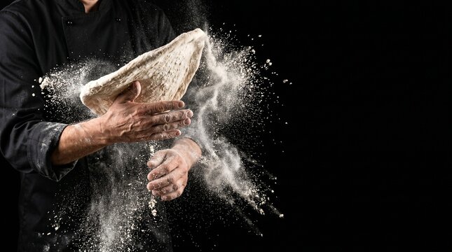 Chef hands toss pizza dough with flour in motion in a professional kitchen