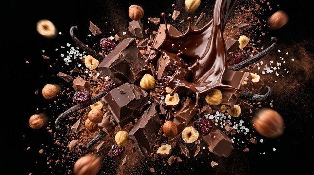 Chocolate pieces, hazelnuts, and vanilla beans explode in a dynamic food splash