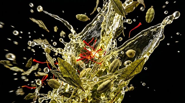Green tea leaves, cardamom pods, and saffron threads splash into clear liquid against a.