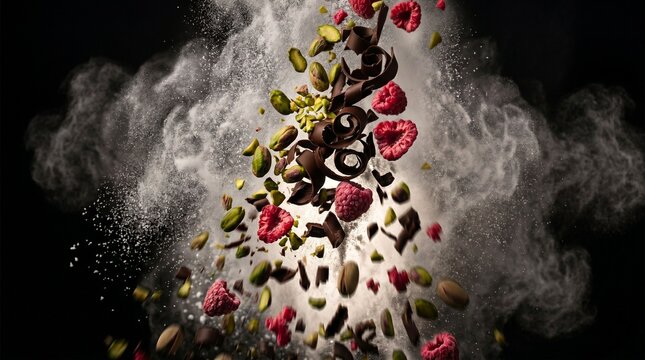 Exploding raspberries, chocolate shavings, and pistachios create a dynamic splash of flavor against a.