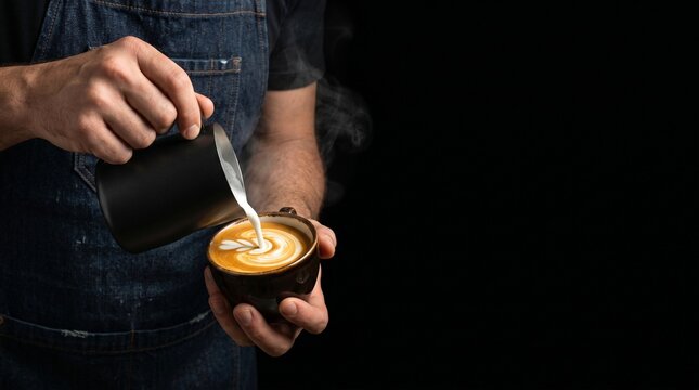 A person wearing an apron pours steamed milk into a ceramic cup making latte art in a dark setting.