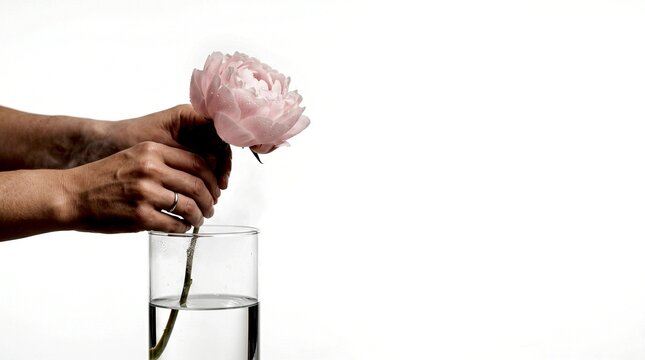 A person carefully places a delicate pink peony flower into a clear glass vase filled with water in a studio.
