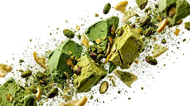 Chunks of vibrant green matcha and pistachio ice cream are flying with nuts and crispy flakes