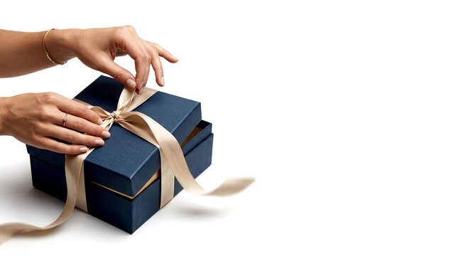 A woman's hands carefully tie a delicate gold ribbon around a dark blue gift box.