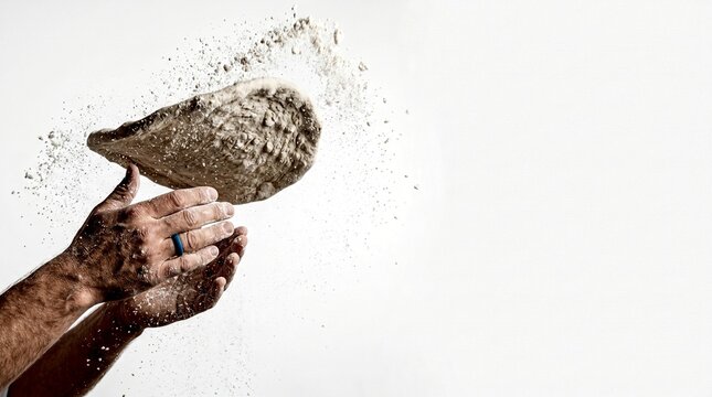 A person's hands are tossing a pizza dough covered in flour into the air.