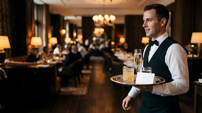 Professional waiter serving cocktails and blank menu card in restaurant