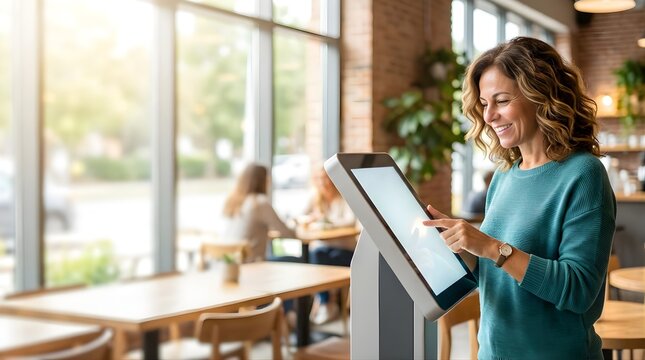 Smiling woman using a digital kiosk touch screen in a modern cafe