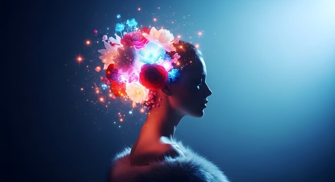 Creative Visualization of Human Mind with Digital Brain Energy Effect in Futuristic Dark Studio Setting
