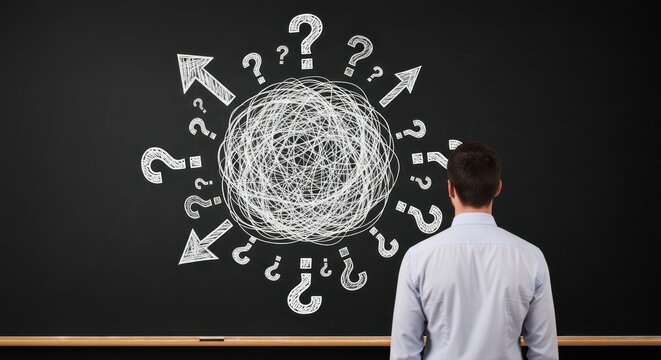 Man standing before a confused scribbled question mark symbol on chalkboard