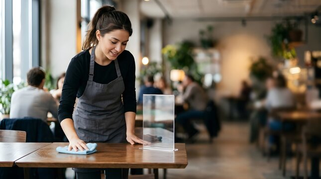 Waitress cleaning wooden table with blank acrylic sign in busy cafe