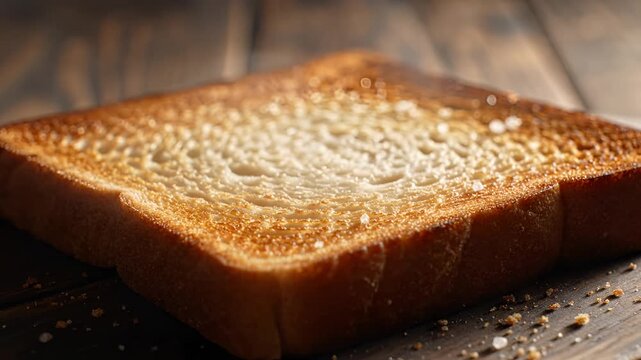 Closeup shot of a perfectly toasted slice of bread on a wooden surface.