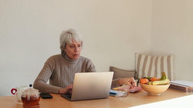 Senior Woman Working From Home With Laptop At Desk