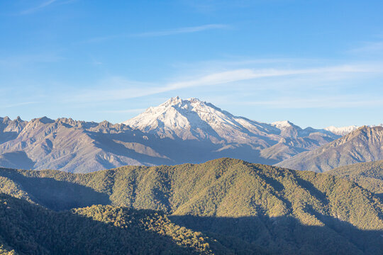 Maule Region, Chile - May 9, 2026: Nevado de Longavi Volcano, seen at sunset from the Riscos de Bullileo, Parral commune.