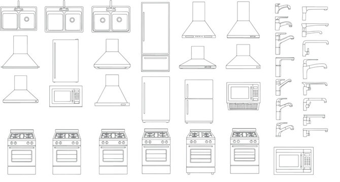 Kitchen appliance vector set featuring sinks, refrigerators, stoves, range hoods, microwaves, and faucets for architectural interior design plans