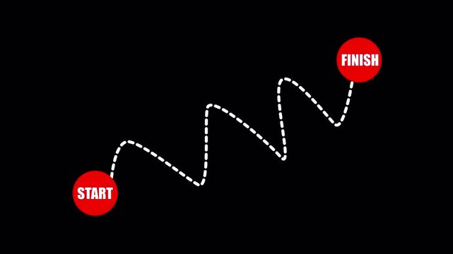 Dotted start to finish line path animation on black background for route progress, racing journey and task completion graphic