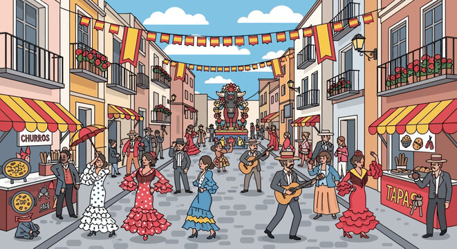 Spanish festival in a town square with people dancing and musicians