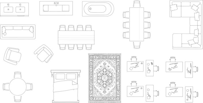 Furniture top view floor plan symbols set including sofas tables beds and rugs for interior design architectural projects