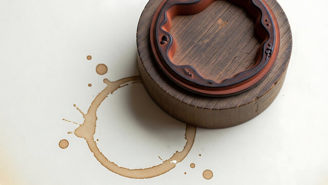 Grungy Brown Coffee Stain Stamp Texture with Splatter and Drip Mark on Aged Paper Surface Background for Vintage Design and Artistic Grunge Effect