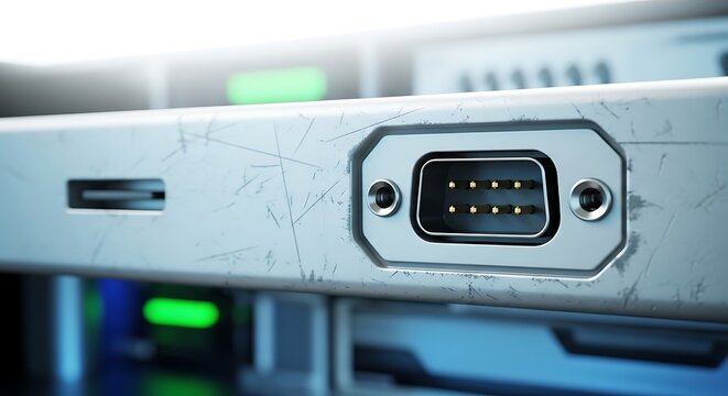 Closeup of a scratched metal device with a ps2 port and usb slot