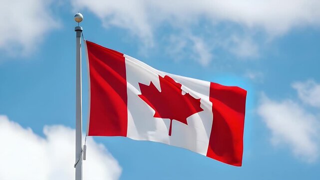 The Canadian flag waves majestically against a bright blue sky filled with soft white clouds representing national pride and the identity of this northern country
