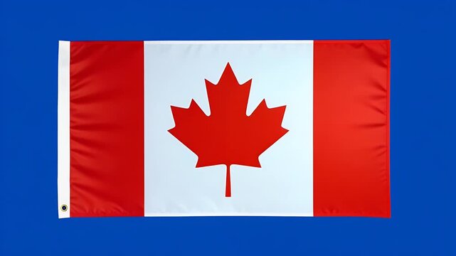 Vibrant canadian flag featuring a bold red maple leaf symbol on a stark white background floating against a bright blue sky for patriotic national display