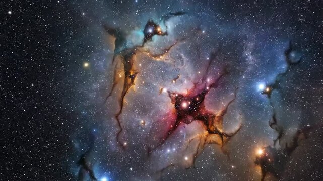Deep space nebula with vibrant purple and blue clouds, sparkling stars, and intricate cosmic formations, celestial background, perfect for science and astronomy themes