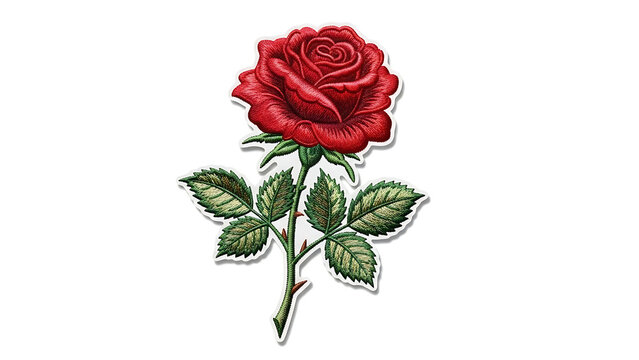 Intricate red rose embroidered patch featuring detailed floral needlework and thread stitching, textile blossom applique sticker, handmade fabric patchwork icon isolated on white background