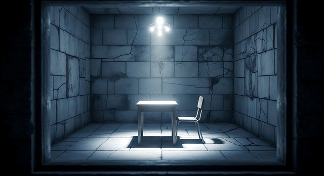 A dimly lit interrogation room with a single chair and table