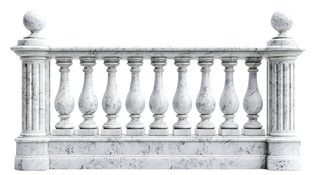 Elegant white marble balustrade with ornate pillars and classic stone texture displayed on transparent background